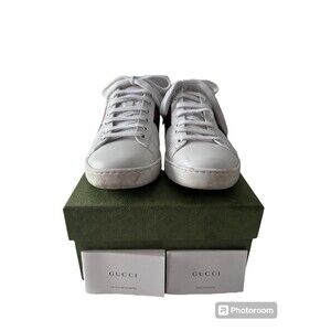 GUCCI ACE Bee Embroidery Fashion Board Shoes Womens White Green Sneaker Size 37